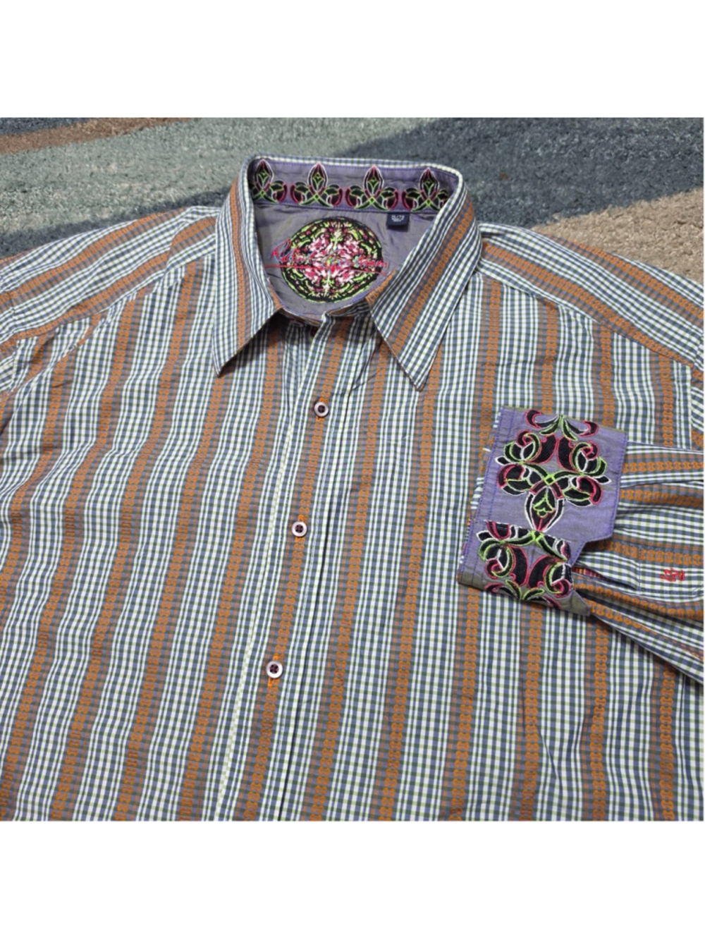 Robert Graham Style Mens XL Flip Cuff Shirt Embroidered Check Button Down